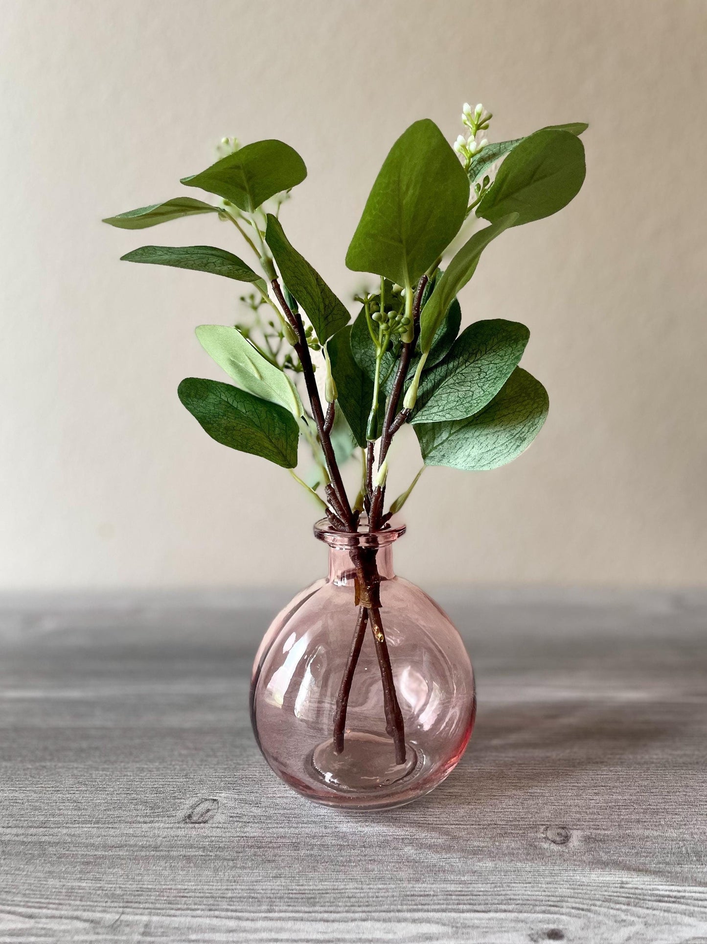 Pink Glass Vase with Eucalyptus, Pink Round Glass Vase, Vase with Flowers, Vase with Eucalyptus, Blush Vase, Rose Vase