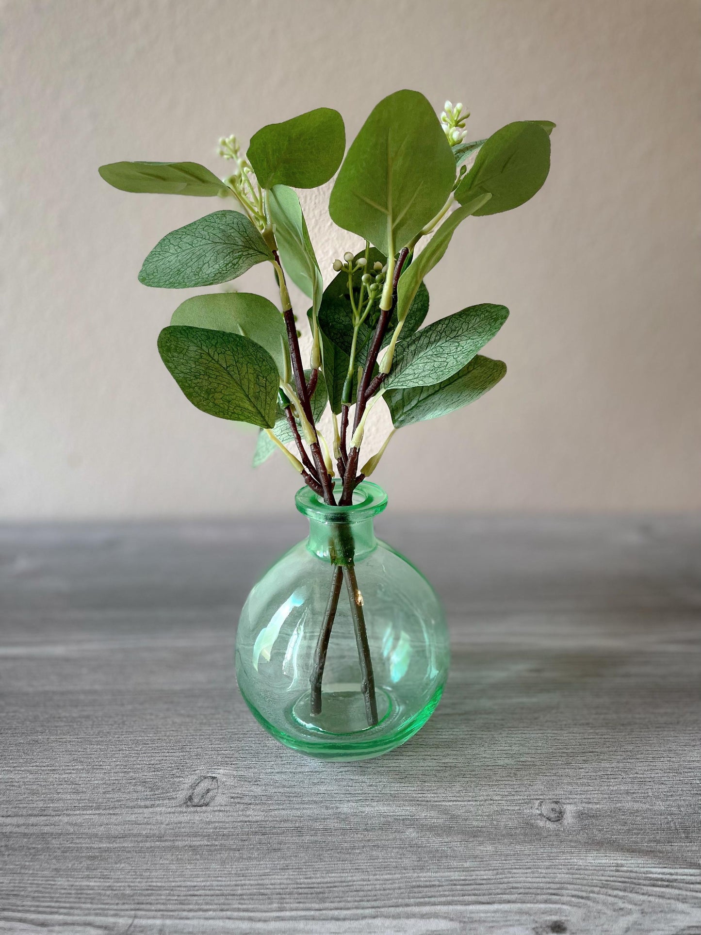 Pink Glass Vase with Eucalyptus, Pink Round Glass Vase, Vase with Flowers, Vase with Eucalyptus, Blush Vase, Rose Vase