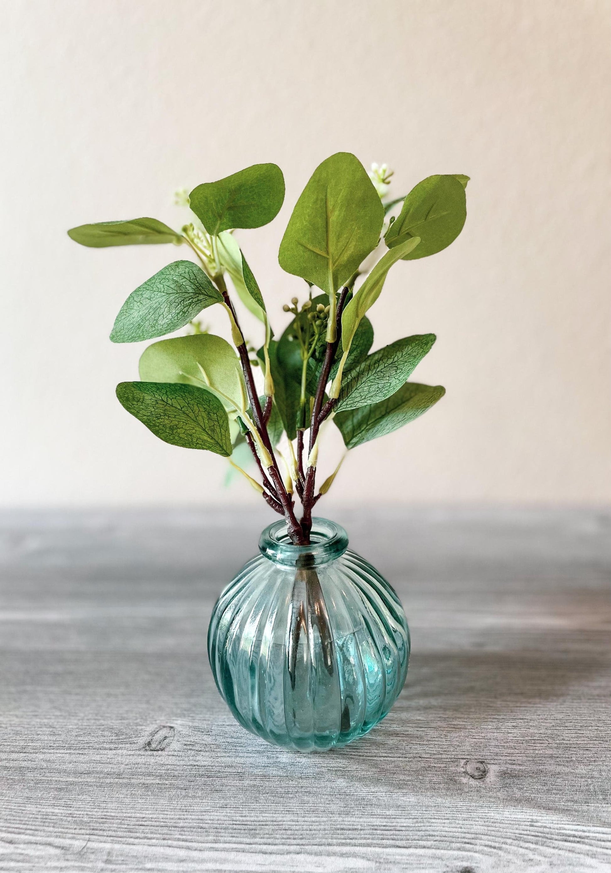 Blue Glass Vase with Eucalyptus, Blue Round Glass Vase, Vase with Flowers, Vase with Eucalyptus, Blue Ribbed Vase, Teal Vase